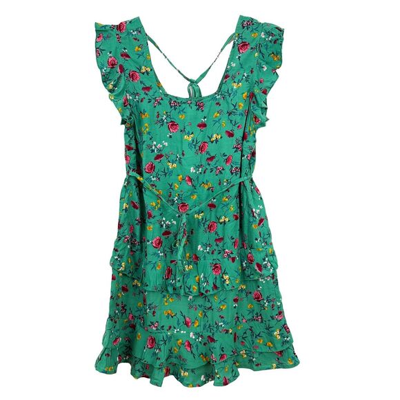LOTTIE & HOLLY Floral Ruffled Dress M Green Square Neck Mini Spring NWT B81 - Picture 2 of 6